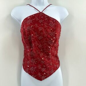 Vintage Blondie Nites Red Sequin Halter Corset Top Size 7 Y2K